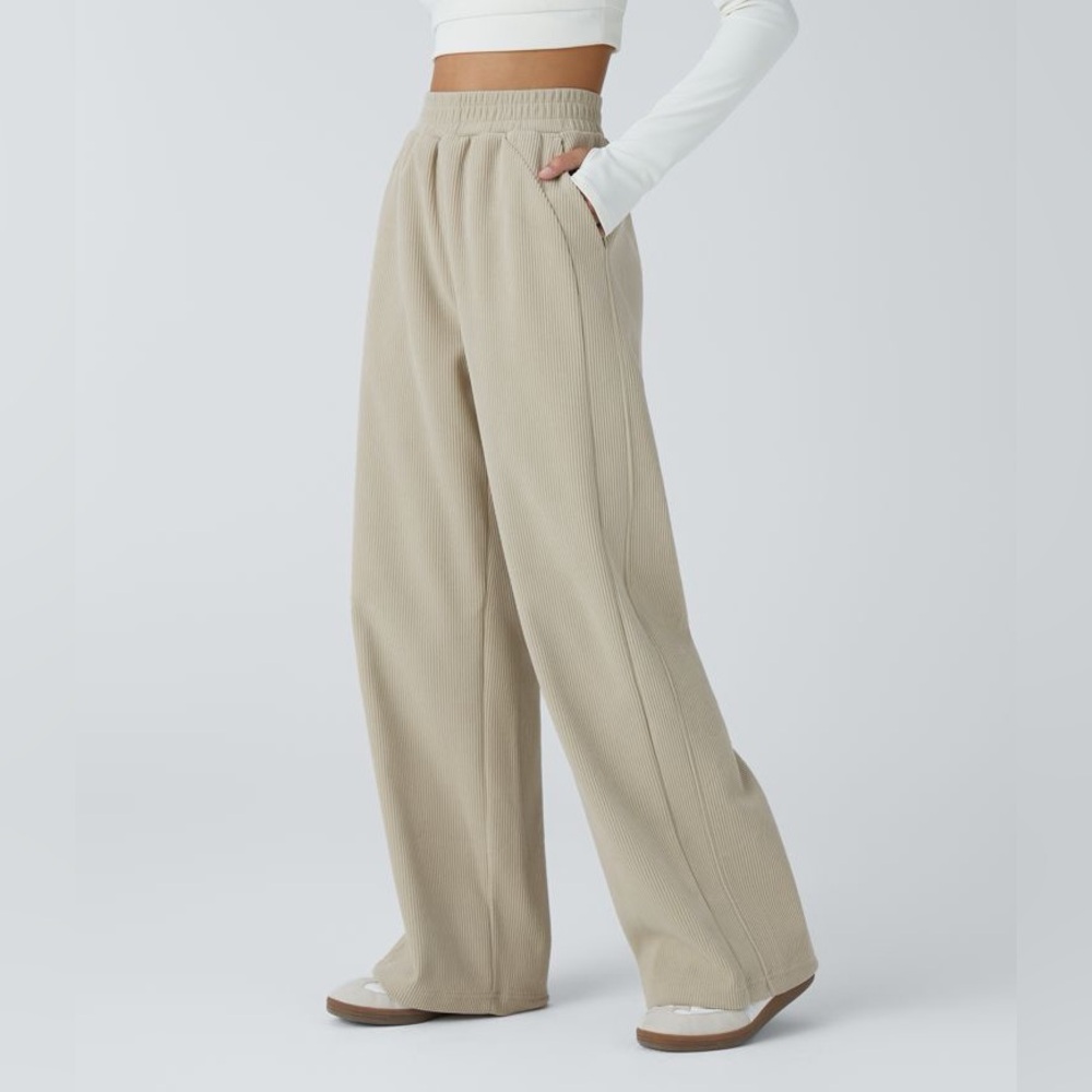 HALARA Ribbed Wide Straight-Leg Pants in Taupe